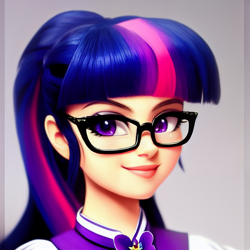 Size: 1536x1536 | Tagged: safe, generator:pony soup v1, imported from derpibooru, twilight sparkle, human, equestria girls, ai content, ai generated, clothes, generator:stable diffusion, glasses, humanized, looking at you, prompter:siber, smiling, smiling at you, solo