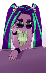Size: 1004x1600 | Tagged: safe, artist:nekojackun, imported from derpibooru, aria blaze, equestria girls, rainbow rocks, aria flat, bare shoulders, bracelet, clothes, delicious flat chest, female, glasses, jewelry, lidded eyes, long hair, looking at you, pigtails, raised eyebrow, sleeveless, solo, sunglasses, twintails, vest