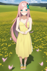 Size: 768x1152 | Tagged: safe, editor:red5805, imported from derpibooru, fluttershy, butterfly, human, ai assisted, ai content, ai generated, bare shoulders, blushing, clothes, dress, female, flower, generator:novelai, generator:stable diffusion, grass, humanized, scenery, sleeveless, solo