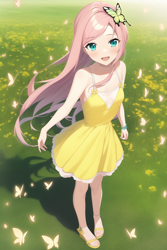 Size: 768x1152 | Tagged: safe, editor:red5805, imported from derpibooru, fluttershy, butterfly, human, ai assisted, ai content, ai generated, bare shoulders, clothes, dress, female, flower, generator:novelai, generator:stable diffusion, grass, humanized, sleeveless, solo