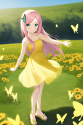 Size: 768x1152 | Tagged: safe, editor:red5805, imported from derpibooru, fluttershy, butterfly, human, ai assisted, ai content, ai generated, bare shoulders, clothes, dress, female, flower, generator:novelai, generator:stable diffusion, grass, humanized, sleeveless, solo