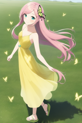 Size: 768x1152 | Tagged: safe, editor:red5805, imported from derpibooru, fluttershy, butterfly, human, ai assisted, ai content, ai generated, bare shoulders, clothes, dress, female, generator:novelai, generator:stable diffusion, grass, humanized, sleeveless, solo