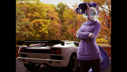 Size: 3840x2160 | Tagged: safe, artist:comradeshy, imported from derpibooru, rarity, anthro, pony, unicorn, 3d, 4:3, autumn, car, clothes, ear piercing, earring, glasses, jewelry, lamborghini diablo, need for speed, piercing, round glasses, solo, source filmmaker, sweater