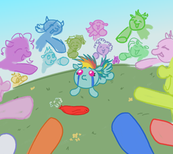 Size: 1800x1600 | Tagged: safe, artist:thunderpibb, imported from derpibooru, rainbow dash, pegasus, pony, abuse, ball, bully, bullying, crying, dashabuse, deflated, dot eyes, eyes closed, female, filly, filly rainbow dash, flower, foal, grass, laughing, lying down, open mouth, open smile, outdoors, pointing, prone, smiling, spiky mane, spread wings, wings, younger