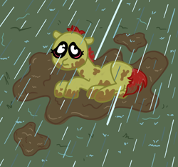 Size: 1600x1500 | Tagged: safe, artist:thunderpibb, imported from derpibooru, apple bloom, earth pony, pony, alternate hairstyle, crying, female, filly, foal, g4, grass, little ponies love to play in the mud, lying down, missing accessory, mud, muddy, muddy hooves, outdoors, prone, rain, sad, story included, wat