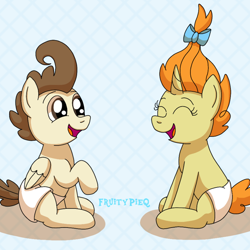Size: 1000x1000 | Tagged: safe, artist:fruiitypieq, artist:shycookieq, imported from derpibooru, pound cake, pumpkin cake, pegasus, pony, unicorn, baby, baby pony, bow, brother and sister, cake twins, colt, cute, diaper, duo, female, filly, foal, hair bow, male, open mouth, open smile, poundabetes, pumpkinbetes, siblings, smiling, twins