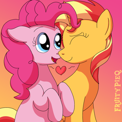 Size: 1000x1000 | Tagged: safe, artist:fruiitypieq, artist:shycookieq, imported from derpibooru, pinkie pie, sunset shimmer, earth pony, pony, unicorn, duo, eyes closed, female, gradient background, heart, lesbian, shipping, sunsetpie