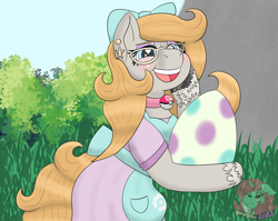 Size: 1560x1240 | Tagged: safe, artist:gray star, imported from derpibooru, oc, oc:gray star, earth pony, pony, apron, beauty mark, blushing, bow, clothes, collar, egg, female, glasses, hair bow, happy, hoof on cheek, love ball, mare, poké ball, pokémon, redraw, smiling, unshorn fetlocks