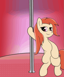 Size: 467x560 | Tagged: safe, artist:amateur-draw, imported from derpibooru, oc, oc only, oc:phosphor flame, earth pony, pony, animated, bipedal, butt, dancing, female, gif, mare, plot, pole dancing, simple background, solo, stripper pole