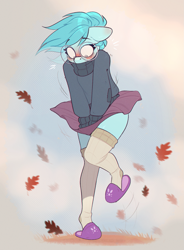 Size: 1237x1680 | Tagged: safe, artist:rexyseven, imported from derpibooru, oc, oc only, oc:whispy slippers, anthro, blushing, clothes, glasses, leaves, skirt, slippers, socks, solo, thigh highs, turtleneck, wind, zettai ryouiki