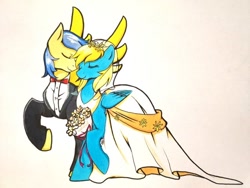 Size: 640x480 | Tagged: safe, artist:goldfish, imported from derpibooru, oc, oc only, oc:yun fluttershy, pegasus, clothes, couple, dress, female, flower, mare, marriage, pegasus oc, shipping, tuxedo, wedding dress