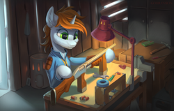 Size: 3963x2524 | Tagged: safe, artist:foxpit, imported from derpibooru, oc, oc only, oc:littlepip, pony, unicorn, fallout equestria, ammunition, clothes, female, glue, gun, hammer, lamp, mare, mint-als, screwdriver, shotgun, shotgun shell, solo, tools, weapon, workbench, wrench