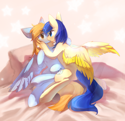 Size: 4118x3986 | Tagged: artist needed, safe, imported from derpibooru, oc, oc only, oc:yun fluttershy, pegasus, bed, couple, female, lesbian, mare, pegasus oc, shipping