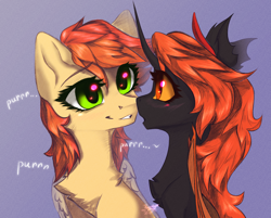 Size: 2200x1765 | Tagged: safe, artist:jsunlight, imported from derpibooru, oc, oc:software pushulka, oc:teen spirit, changeling, pegasus, pony, blushing, changeling oc, chest fluff, orange changeling, purring