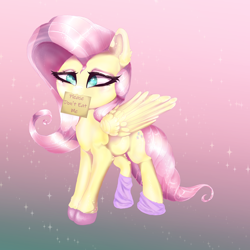 Size: 2000x2000 | Tagged: safe, artist:opal2023, imported from derpibooru, fluttershy, pegasus, pony, cute, gradient background, pink background, sign, solo