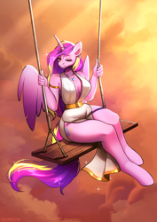 Size: 3508x4961 | Tagged: safe, artist:sugarstar, imported from derpibooru, princess cadance, alicorn, anthro, unguligrade anthro, absolute cleavage, breasts, cleavage, clothes, dress, eyes closed, female, horn, side slit, sitting, sky, smiling, solo, sparkles, swing, wings