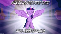 Size: 888x499 | Tagged: safe, artist:mlpfan3991, imported from derpibooru, twilight sparkle, alicorn, pony, magical mystery cure, 10, anniversary, caption, female, magical mystery cure tenth anniversary, mare, solo, spread wings, text, twilight sparkle (alicorn), wings