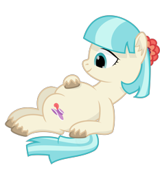 Size: 2433x2616 | Tagged: safe, artist:mrkm, imported from derpibooru, coco pommel, earth pony, pony, belly, coco preggo, ear fluff, female, hoof on belly, looking at belly, lying down, mare, on back, pregnant, simple background, smiling, solo, transparent background, unshorn fetlocks