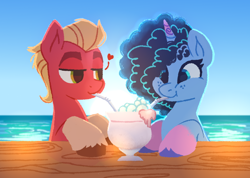 Size: 958x682 | Tagged: artist needed, source needed, safe, imported from derpibooru, sprout cloverleaf, earth pony, pony, unicorn, beach, bubble, cornrows, cute, date, drink, drinking, drinking straw, duo, duo male and female, female, freckles, g5, heart, looking at someone, male, mare, maretime bay, misty brightdawn, mistybetes, mistyclover, shipping, sitting, smiling, sproutbetes, stallion, straight, sun, sunset, table, unshorn fetlocks