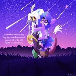 Size: 2048x2048 | Tagged: safe, artist:thebigstuff, artist:thebigstuff89, imported from derpibooru, discord, izzy moonbow, butterfly, draconequus, pony, unicorn, spoiler:g5comic, cute, duo, duo male and female, female, g5, grass, high res, izzybetes, male, mare, meteor shower, mountain, night, old man discord, open mouth, open smile, shooting star, signature, smiling, starry eyes, stars, wingding eyes