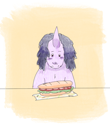 Size: 700x800 | Tagged: safe, artist:maggot, imported from derpibooru, oc, oc only, pony, unicorn, food, looking down, male, no ears, sandwich, solo, squint, stallion, submarine sandwich, sweat