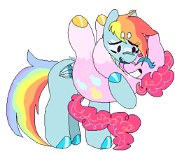 Size: 1808x1588 | Tagged: safe, artist:maggot, imported from derpibooru, pinkie pie, rainbow dash, earth pony, pegasus, pony, wonderbolts academy, beanbrows, coat markings, cute, duo, eyebrows, eyes closed, female, folded wings, grin, holding a pony, hooves, hug, lesbian, mare, pinkiedash, redraw, shipping, simple background, smiling, socks (coat markings), tail, transparent background, wings