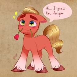 Size: 2048x2048 | Tagged: safe, artist:artharuhi, imported from derpibooru, sprout cloverleaf, earth pony, pony, blushing, bronybait, cute, dialogue, floppy ears, flower, g5, heart, holiday, male, mouth hold, rose, solo, speech bubble, sproutbetes, stallion, talking to viewer, text, unshorn fetlocks, valentine's day