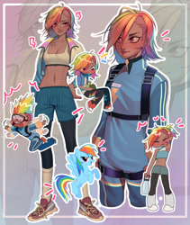 Size: 1280x1520 | Tagged: safe, artist:emily-826, imported from derpibooru, rainbow dash, tank, human, pony, chibi, clothes, converse, dark skin, female, goggles, human ponidox, humanized, jacket, midriff, moderate dark skin, self paradox, self ponidox, shoes, shorts, solo, sports bra, tattoo, undercut