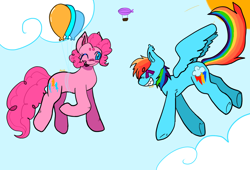 Size: 1342x910 | Tagged: safe, artist:maggot, imported from derpibooru, pinkie pie, rainbow dash, earth pony, pegasus, pony, ^^, airship, balloon, blushing, cloud, duo, duo female, eyes closed, female, floating, flying, g4, grin, mare, one eye closed, open mouth, open smile, requested art, sharp teeth, sky, smiling, spread wings, sun, teeth, then watch her balloons lift her up to the sky, underhoof, wings, zeppelin