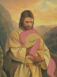 Size: 1219x1631 | Tagged: safe, artist:maggot, edit, imported from derpibooru, fluttershy, human, pegasus, pony, beanbrows, blushing, christianity, clothes, duo, duo male and female, eyebrows, eyes closed, female, floppy ears, folded wings, holding a pony, jesus christ, male, mare, outdoors, religion, wings