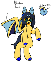 Size: 911x1096 | Tagged: safe, artist:maggot, imported from derpibooru, oc, oc only, oc:batberry snail, bat pony, original species, pony, snail, snail pony, bat ears, colored hooves, cutie mark, fire, glasses, open mouth, reference sheet, simple background, solo, spread wings, white background, wings