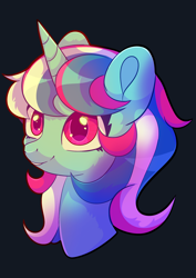 Size: 2480x3508 | Tagged: safe, artist:plushtrapez, imported from derpibooru, fizzy, pony, unicorn, black background, bust, eyelashes, female, g1, mare, simple background, smiling, solo