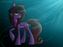 Size: 2000x1500 | Tagged: safe, artist:zeffdakilla, imported from derpibooru, oc, oc only, oc:frankie fang, pegasus, pony, abstract background, black mane, emo, gradient background, long mane, looking away, looking sideways, purple fur, raised hoof, solo, standing