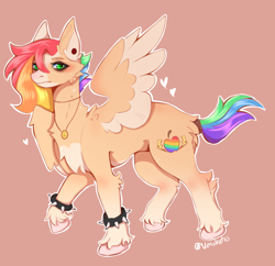 Size: 1776x1720 | Tagged: safe, artist:venobatss, imported from derpibooru, oc, oc only, pegasus, pony, colored wings, ear piercing, jewelry, magical lesbian spawn, multicolored hair, necklace, offspring, parent:applejack, parent:rainbow dash, parents:appledash, pegasus oc, piercing, rainbow hair, raised hoof, solo, spiked wristband, two toned wings, unshorn fetlocks, wings, wristband