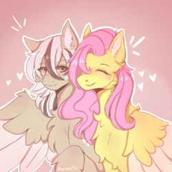 Size: 2000x2000 | Tagged: safe, artist:venobatss, imported from derpibooru, fluttershy, oc, oc:milk tea, pegasus, pony, chest fluff, colored wings, duo, duo female, eye clipping through hair, eyebrows, eyebrows visible through hair, eyes closed, female, gradient background, grin, heart, high res, mare, mother and child, mother and daughter, offspring, parent:fluttershy, pegasus oc, signature, smiling, spread wings, two toned wings, wings