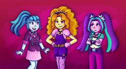 Size: 1256x686 | Tagged: safe, artist:memethyst-art, imported from derpibooru, adagio dazzle, aria blaze, sonata dusk, human, equestria girls, crossed arms, female, hand on hip, open mouth, open smile, simple background, smiling, the dazzlings, trio, trio female