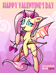 Size: 1900x2486 | Tagged: safe, artist:loverashley, imported from derpibooru, fluttershy, bat pony, pony, arrow, bat ponified, bow (weapon), bow and arrow, devil horns, eyelashes, female, flutterbat, grin, hearts and hooves day, holiday, horns, mare, race swap, smiling, solo, valentine's day, weapon
