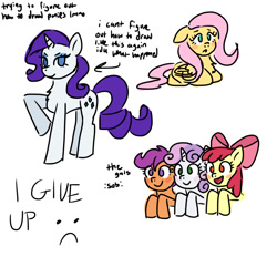 Size: 1000x1000 | Tagged: safe, artist:memethyst-art, imported from derpibooru, apple bloom, fluttershy, rarity, scootaloo, sweetie belle, earth pony, pegasus, pony, unicorn, apple bloom's bow, bow, cutie mark crusaders, female, filly, foal, hair bow, lying down, mare, ponyloaf, prone, simple background, text, white background