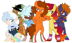 Size: 5350x3192 | Tagged: safe, artist:ayamiiii, artist:emperor-anri, imported from derpibooru, oc, oc only, oc:charred smoke, oc:golden rose (ice1517), oc:lunar breeze, oc:morning blossom, oc:rainela, oc:veggie tart, bat pony, earth pony, pegasus, pony, unicorn, derpibooru community collaboration, 2023 community collab, bandaid, base used, bat pony oc, bipedal, choker, clothes, crossed arms, dress, ear piercing, female, fresh princess and friends' poses, hat, jewelry, lesbian, lesbian pride flag, lip piercing, mare, necklace, oc x oc, piercing, pride, pride flag, rainbow socks, shipping, shirt, simple background, snake bites, socks, striped socks, sun hat, sweater, t-shirt, tattoo, transparent background