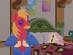 Size: 2880x2160 | Tagged: safe, alternate version, anonymous artist, imported from derpibooru, big macintosh, fluttershy, earth pony, pony, series:fm holidays, bed, bedroom, black eye, buckethead wendy, captain murphy, chest fluff, clothes, facial hair, female, fluttermac, fluttermop, fluttershy's bedroom, fluttershy's cottage, heart, high res, jumpsuit, lineless, looking at each other, looking at someone, male, mare, mop, moustache, no pupils, open clothes, scene interpretation, sealab 2021, shipping, stallion, straight, undressing