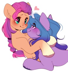 Size: 1002x1078 | Tagged: safe, artist:pledus, imported from derpibooru, izzy moonbow, sunny starscout, earth pony, pony, unicorn, blushing, cute, female, g5, heart, hug, izzybetes, izzyscout, lesbian, looking at each other, looking at someone, shipping, simple background, smiling, sunnybetes, unshorn fetlocks, white background