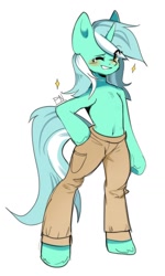 Size: 900x1502 | Tagged: safe, artist:pledus, imported from derpibooru, lyra heartstrings, anthro, pony, unicorn, bipedal, blushing, clothes, one eye closed, pants, simple background, smiling, solo, white background, wink