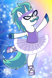 Size: 1396x2108 | Tagged: safe, imported from twibooru, pony, unicorn, ballerina, clothes, dancing, fabio, facial hair, glasses, image, male, moustache, png, stallion, tutu