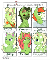 Size: 1423x2048 | Tagged: safe, artist:mscolorsplash, imported from derpibooru, granny smith, tree hugger, alicorn, anthro, earth pony, pony, seahorse, undead, zombie, zombie pony, six fanarts, animal crossing, crossover, female, male, mare, neopets, spongebob squarepants, stallion, young granny smith, younger