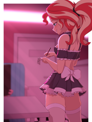 Size: 1200x1600 | Tagged: safe, artist:rockset, imported from ponybooru, sunset shimmer, human, equestria girls, clothes, costume, maid, ponytail, restaurant, skirt, socks