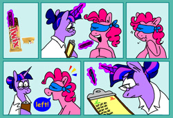 Size: 1316x900 | Tagged: safe, artist:msponies, imported from derpibooru, pinkie pie, twilight sparkle, earth pony, pony, unicorn, alternate hairstyle, blindfold, candy, clipboard, clothes, comic, confused, crumbs, dialogue, duo, duo female, eating, eye bulging, female, food, glasses, lab coat, levitation, magic, mare, open mouth, open smile, pen, smiling, speech bubble, taste test, telekinesis, twix, unicorn twilight