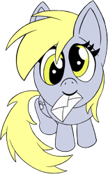 Size: 652x1049 | Tagged: safe, alternate version, artist:aprilfools, derpy hooves, pegasus, pony, /bale/, envelope, female, letter, looking at you, mare, mouth hold, simple background, sitting, solo, transparent background