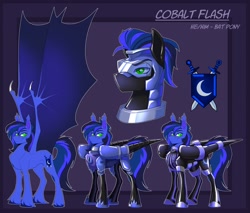 Size: 2048x1748 | Tagged: safe, artist:parrpitched, imported from derpibooru, oc, oc:guard cobalt flash, bat pony, bat pony oc, bat wings, fireheart76's latex suit design, guard, helmet, latex, latex boots, latex suit, prisoners of the moon, reference sheet, royal guard, rubber, rubber suit, visor, wings