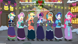Size: 1194x669 | Tagged: safe, artist:robukun, imported from derpibooru, applejack, fluttershy, pinkie pie, rainbow dash, rarity, sci-twi, sunset shimmer, twilight sparkle, human, undead, zombie, equestria girls, bonnet, book, caroling, clothes, d:, dress, humane five, humane seven, humane six, long dress, long skirt, open mouth, over enthusiastic carolers, skirt, victorian, victorian dress, wall eyed