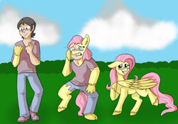 Size: 1280x896 | Tagged: safe, artist:detectivecoon, imported from derpibooru, fluttershy, oc, human, pony, female, grin, gritted teeth, human to pony, male, male to female, mare, nervous, nervous grin, rule 63, smiling, teeth, transformation, transformation sequence, transgender transformation